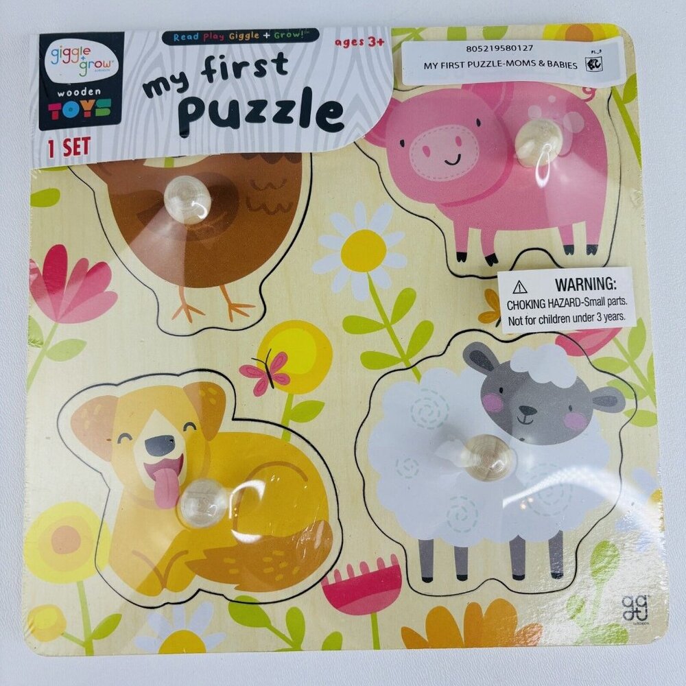 Giggle & Grow My First Wooden Puzzle Animals with Easy Grab Knobs 8x8 New